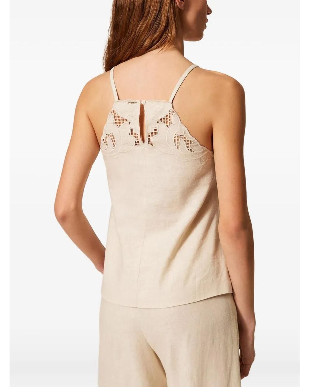 Twinset Natural Linen Blend Top With Embroidery