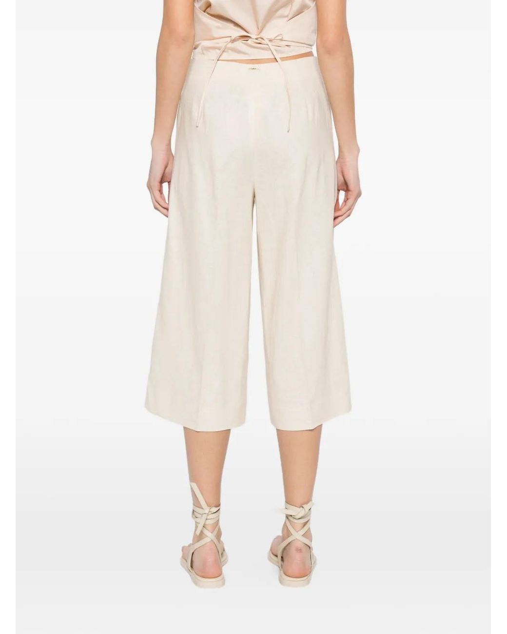 Twinset White Linen Blend Cropped Trousers With Embroidery