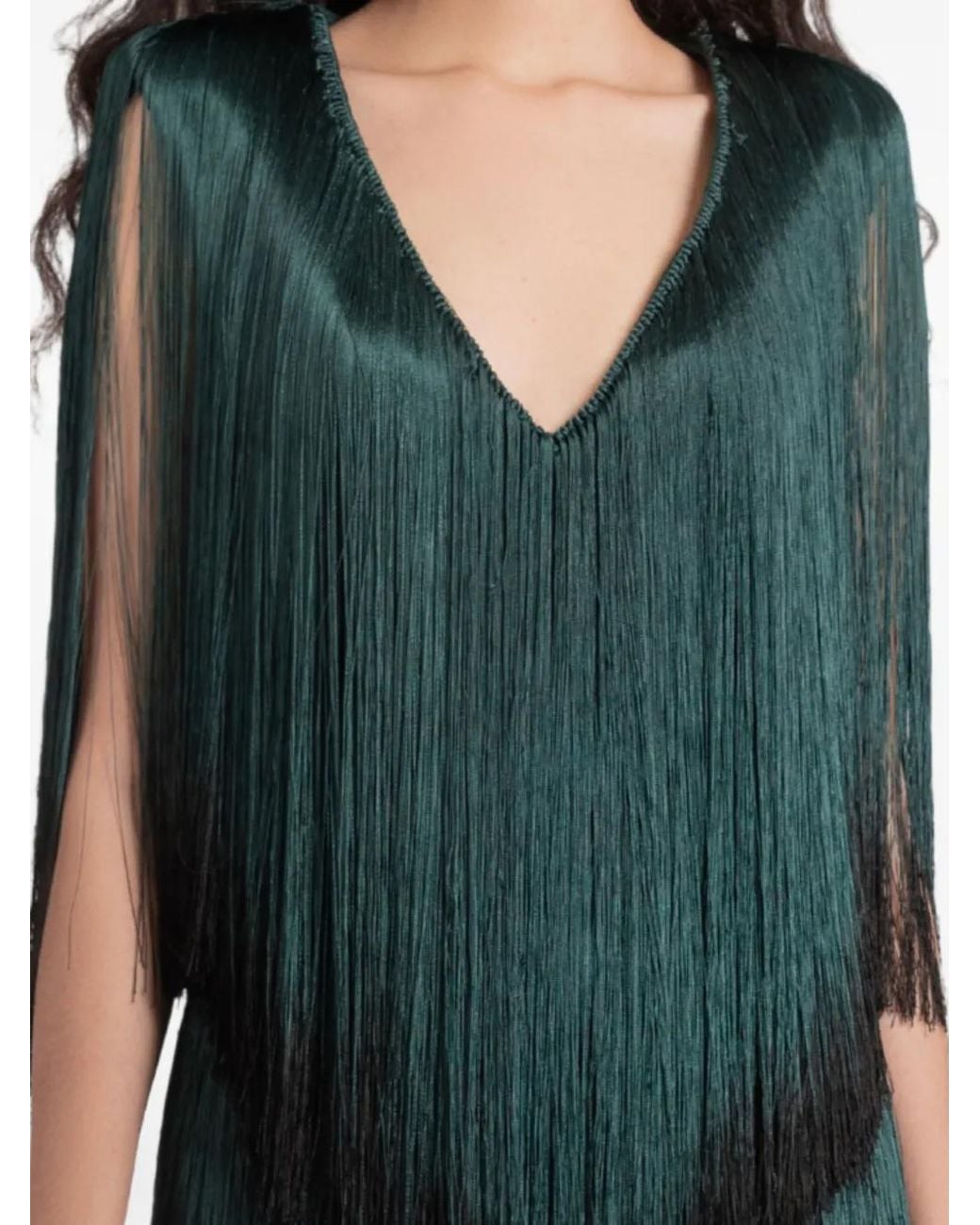 Gemy Maalouf Green Fringe-Trim V-Neck Top