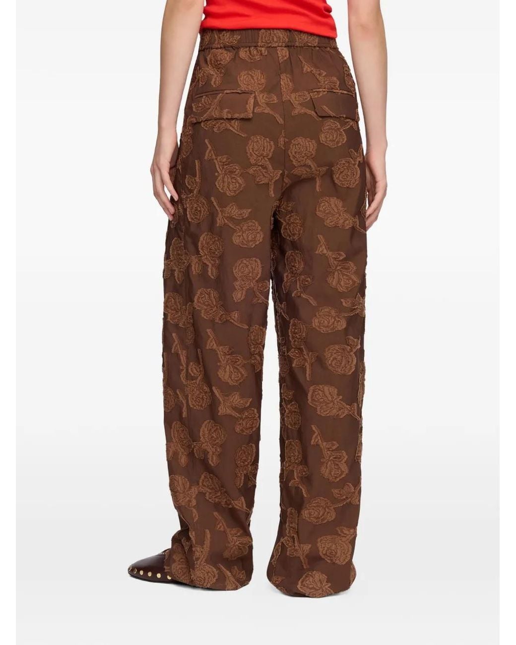 Ganni Brown Pantalon En Fil Coupé À Fleurs