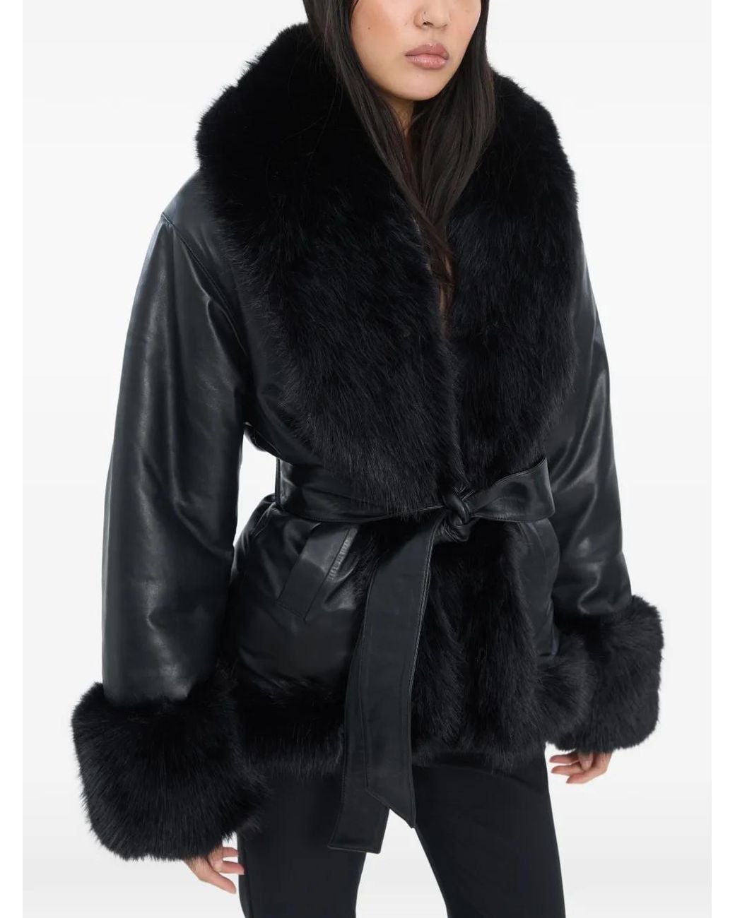 ROTATE BIRGER CHRISTENSEN Black Bonded Leather Fur High Collar Jacket