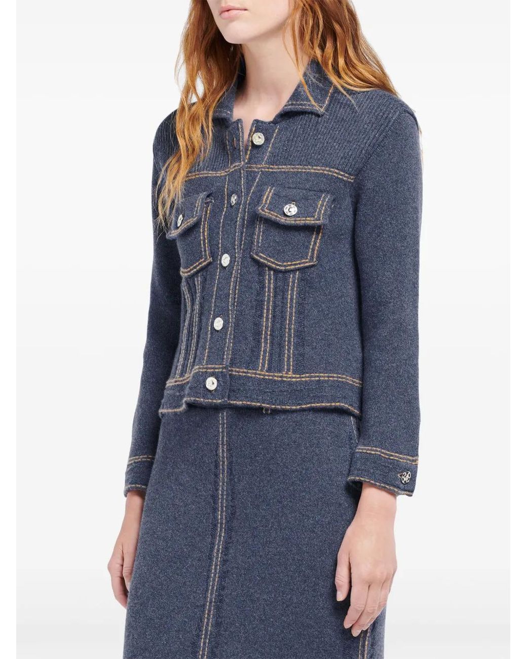 Barrie Blue Contrast-Stitch Knitted Jacket