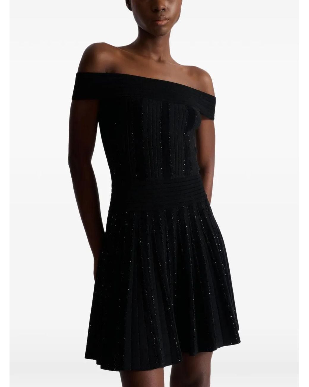 Balmain オフショルダー グリッタードレス Black