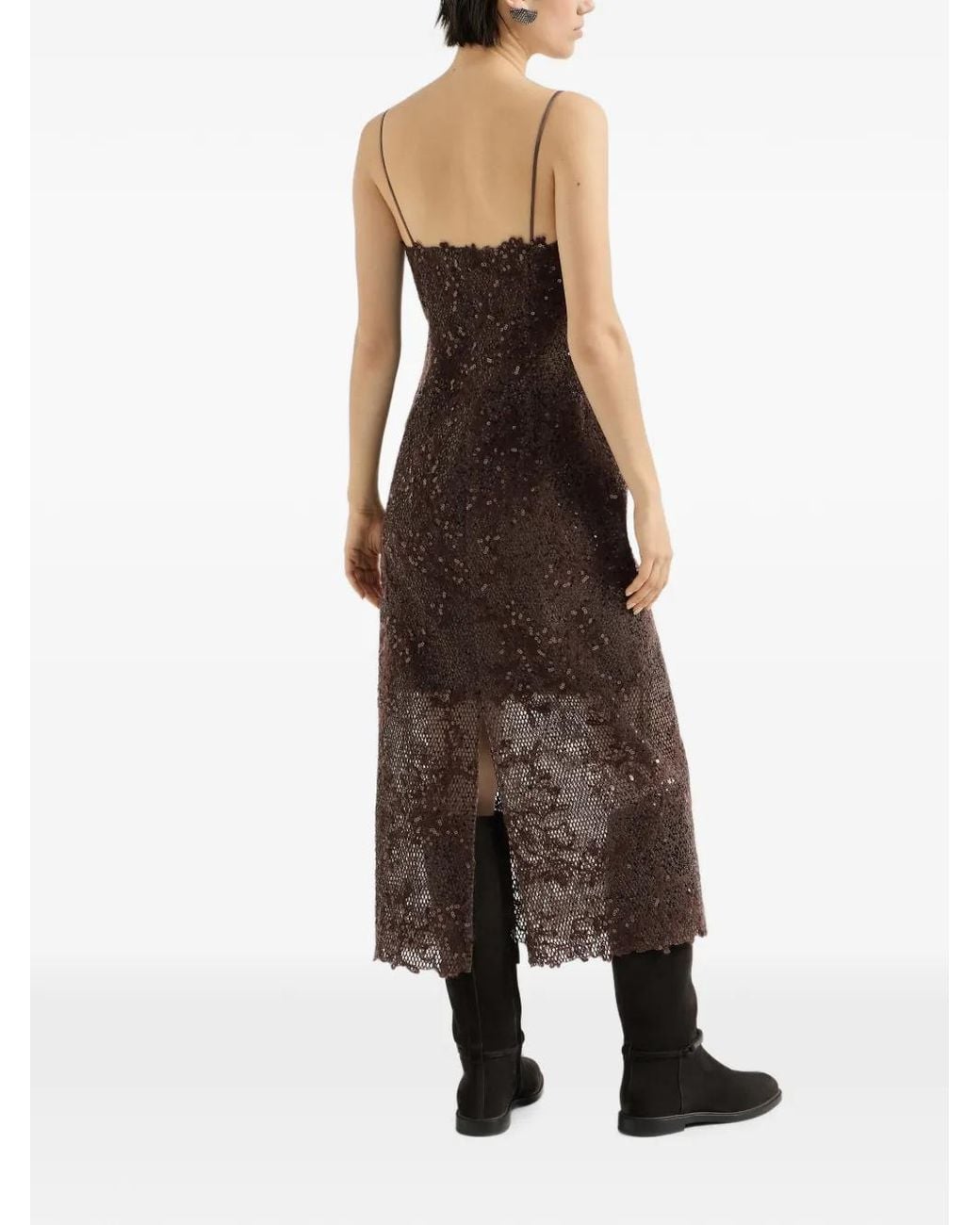 Brunello Cucinelli Brown Dazzling Lace-Embroidery Dress