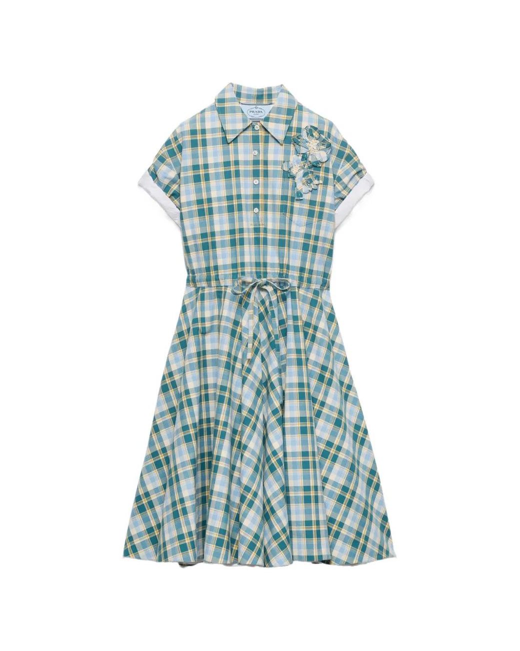 Prada Blue Embroidered Checked Cotton Dress