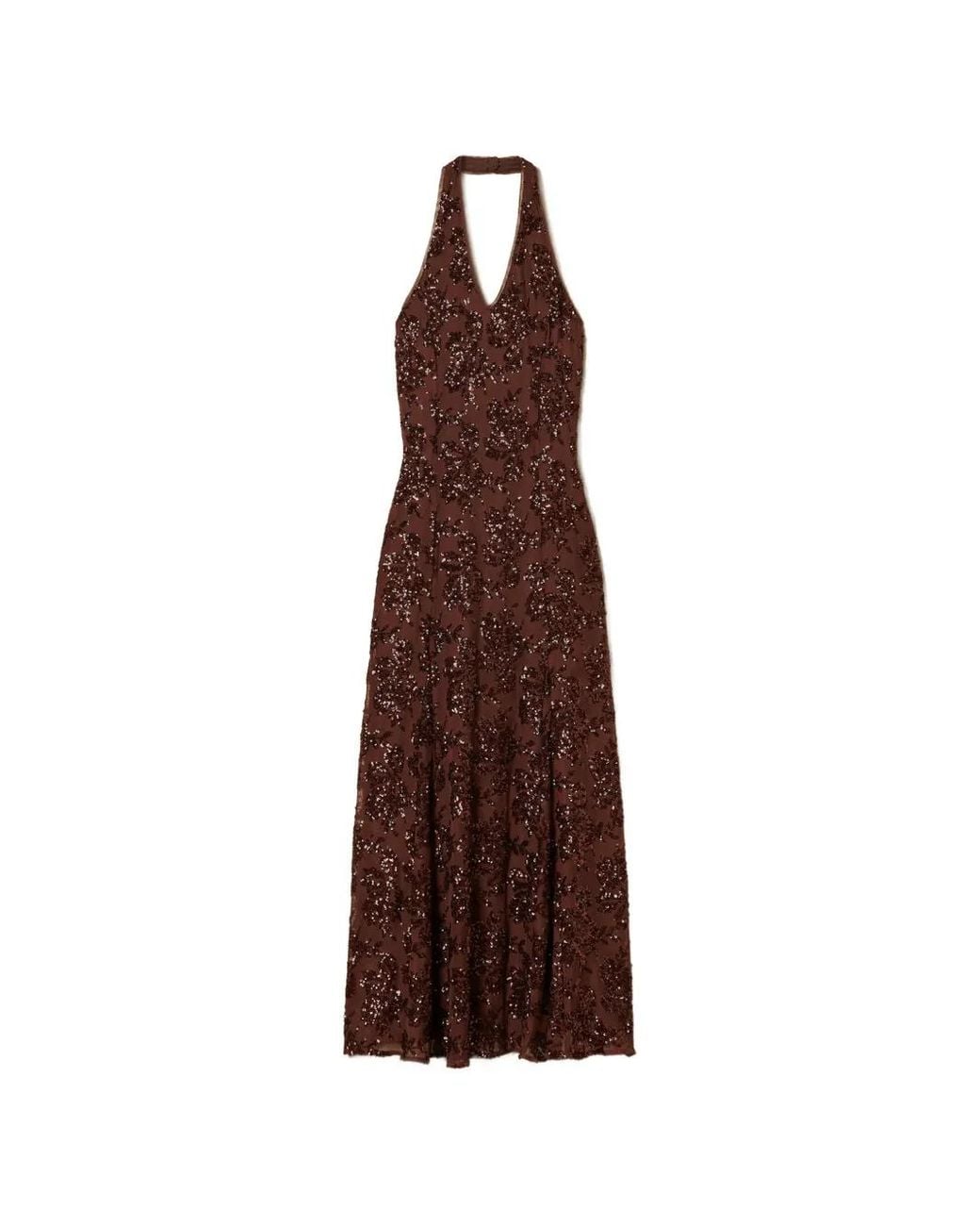Twinset Brown Robe Brodée De Sequins À Dos Nu