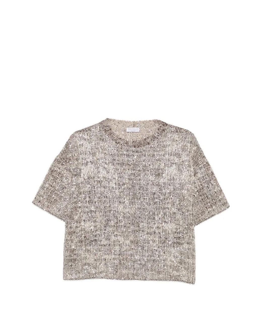Brunello Cucinelli Gray Dazzling Craquelé Embroidery T-Shirt