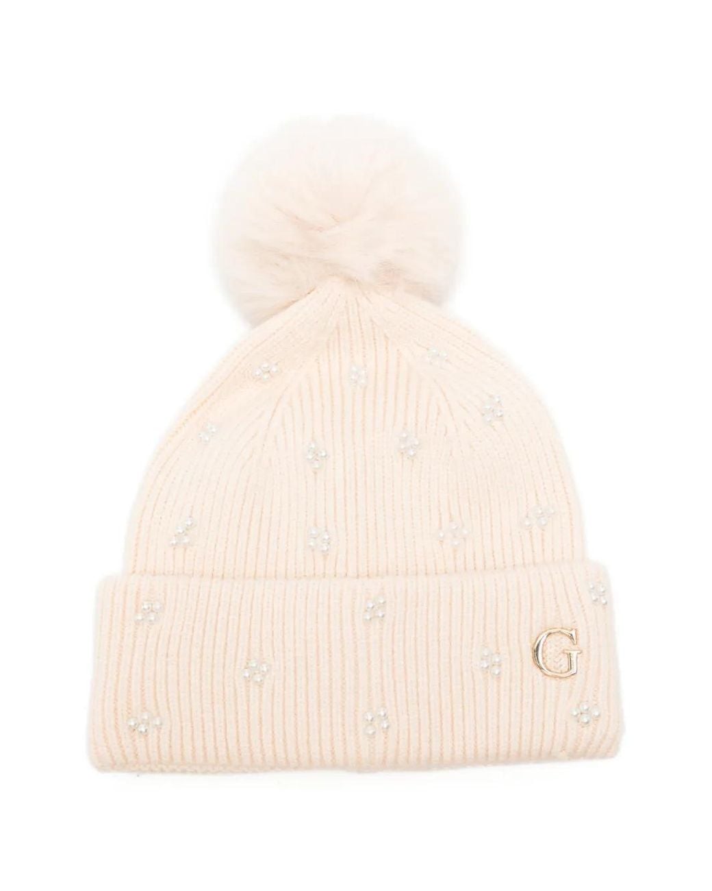 Guess Natural Faux-Pearl Pompom Beanie Hat