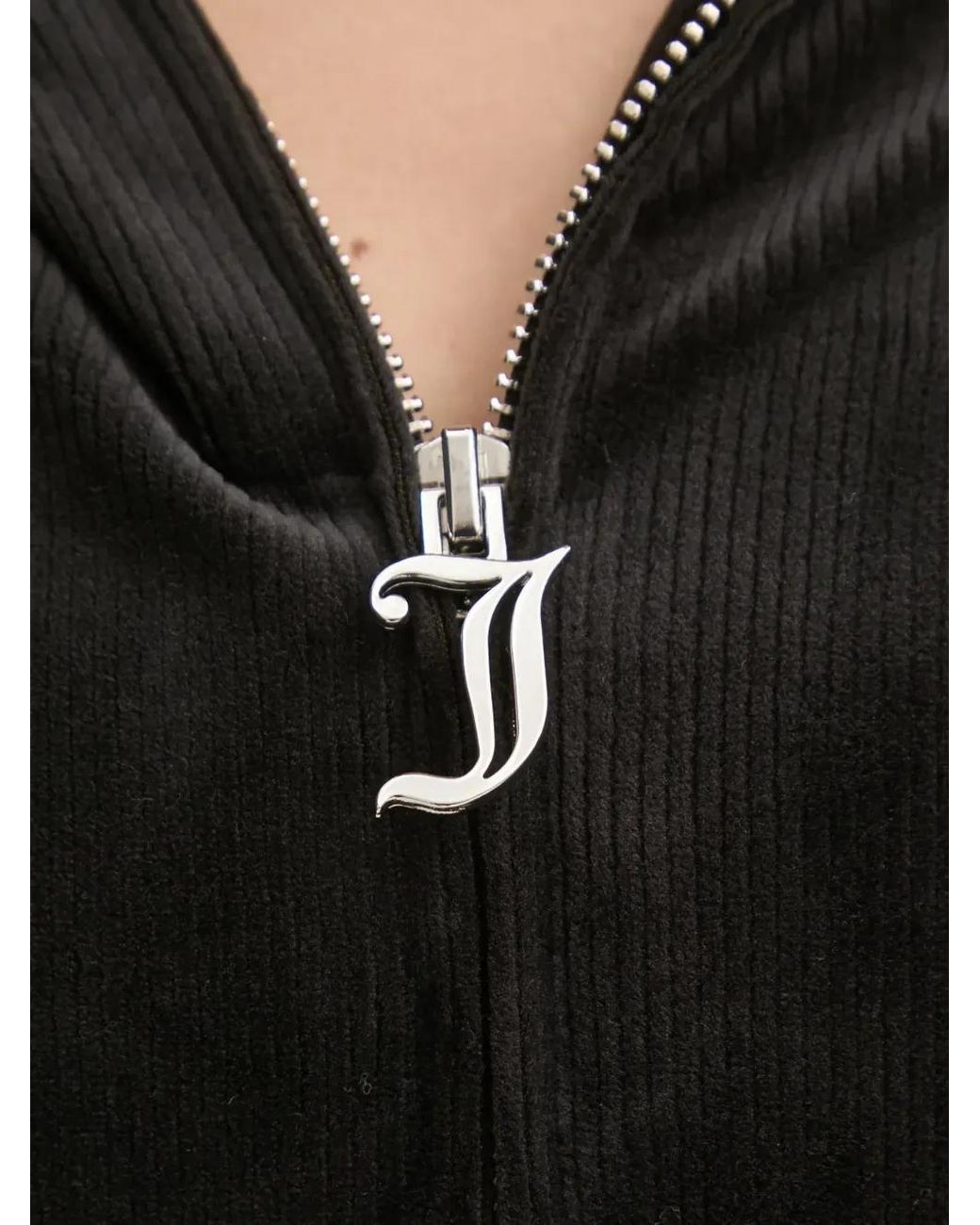 Juicy Couture Black Ribbed-Knit Logo-Pendant Hoodie