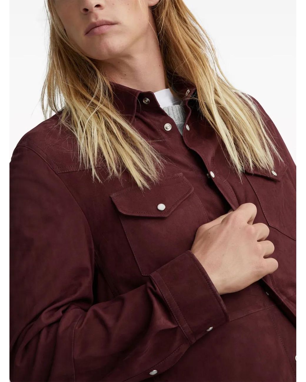Brunello Cucinelli Red Long-Sleeve Suede Shirt for men