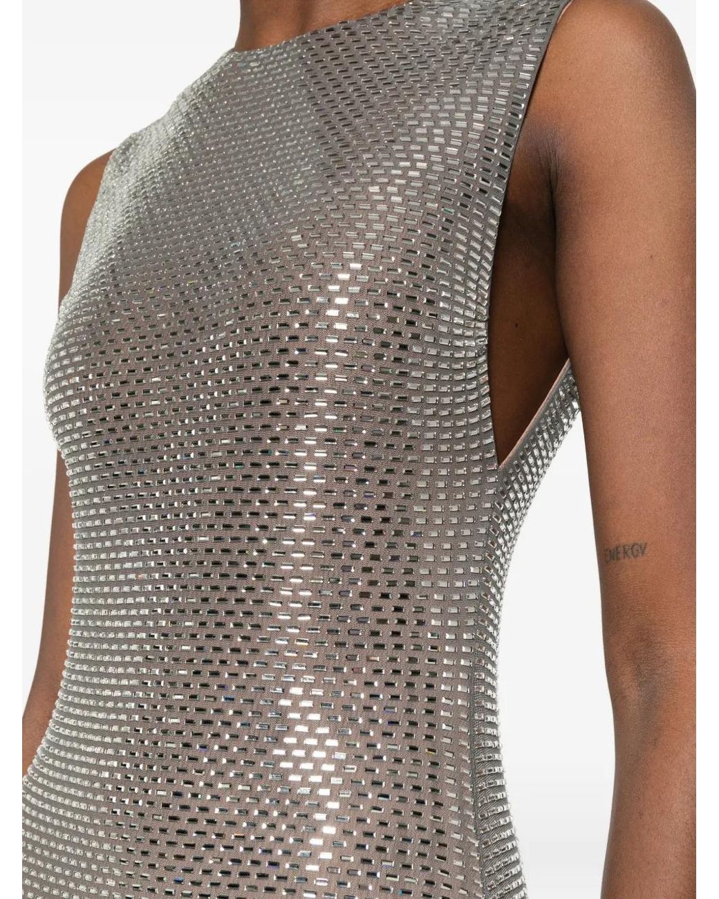 Self-Portrait White Rhinestone Mesh Midi Dress