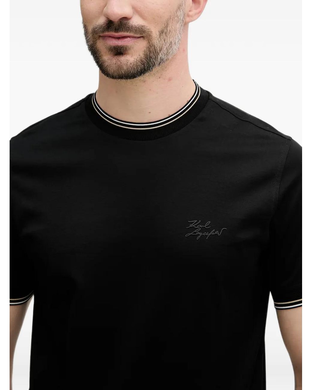Karl Lagerfeld Black Logo-Embroidered Tipped T-Shirt for men