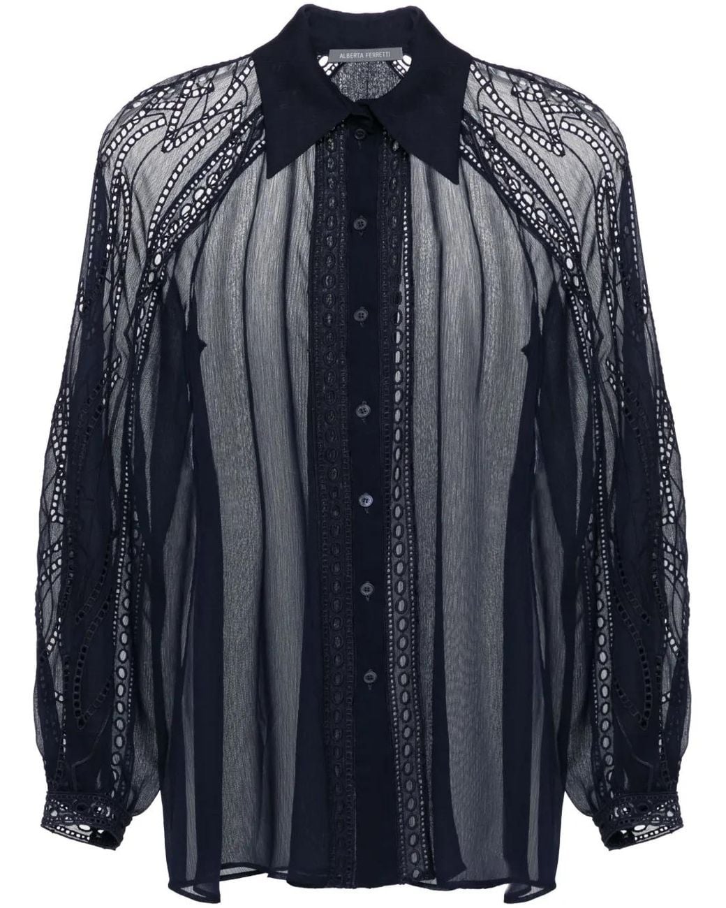 Alberta Ferretti Blue Lace-Trim Chiffon Shirt