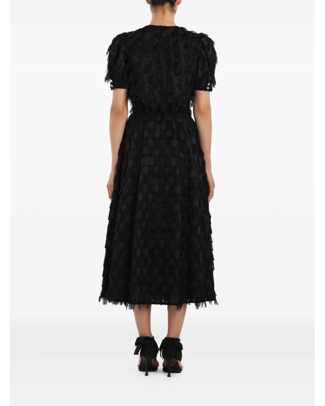 POST MERIDIEM Black Fringe Puff-Sleeve Midi Dress