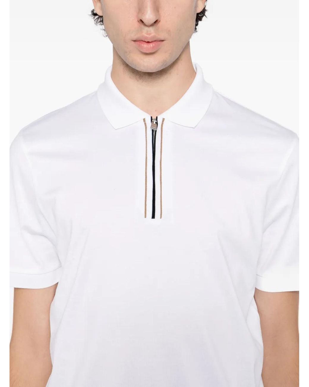 Boss White Zip-Placket Polo Shirt for men