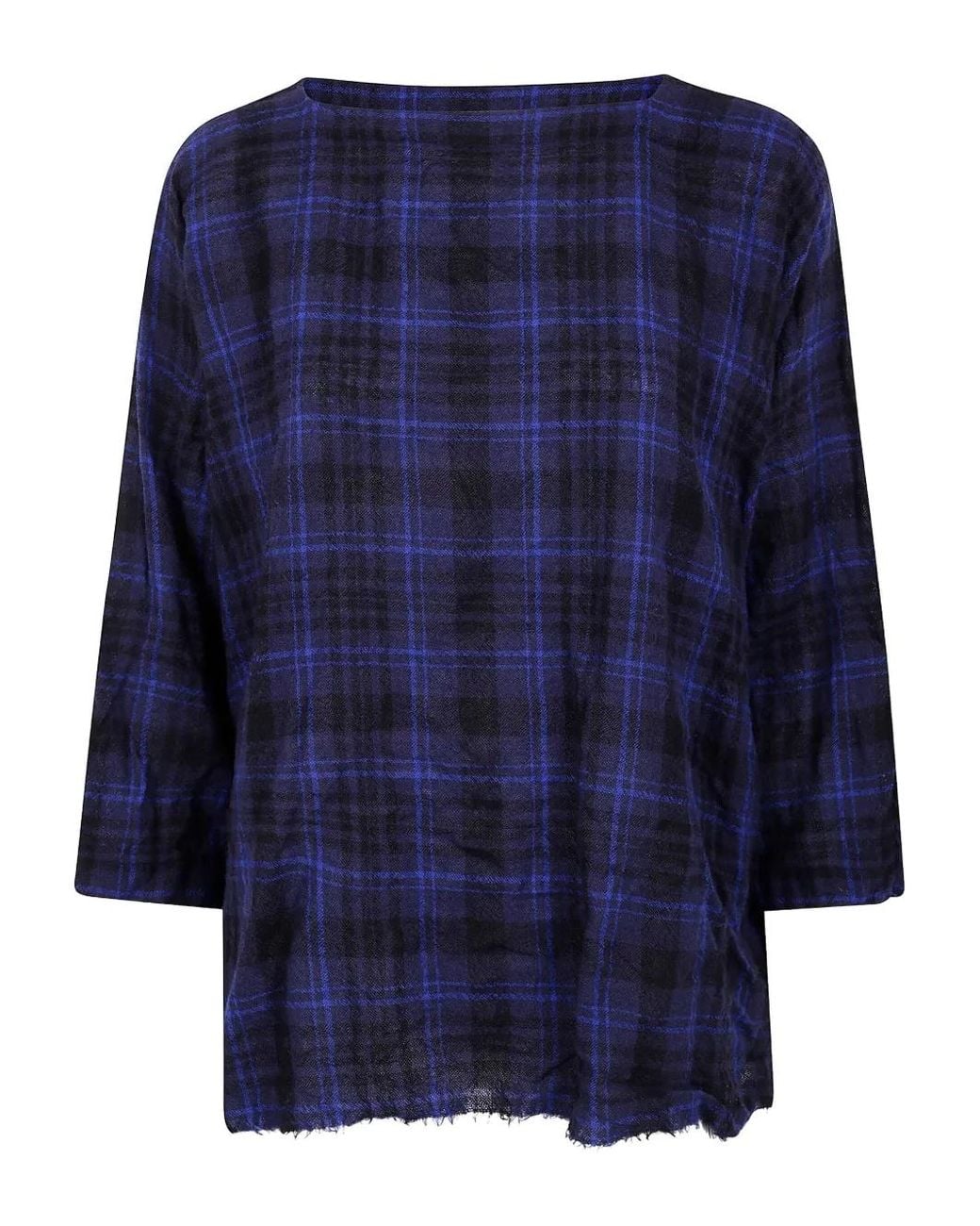 Daniela Gregis Blue Tartam-Print Frayed-Hem Blouse