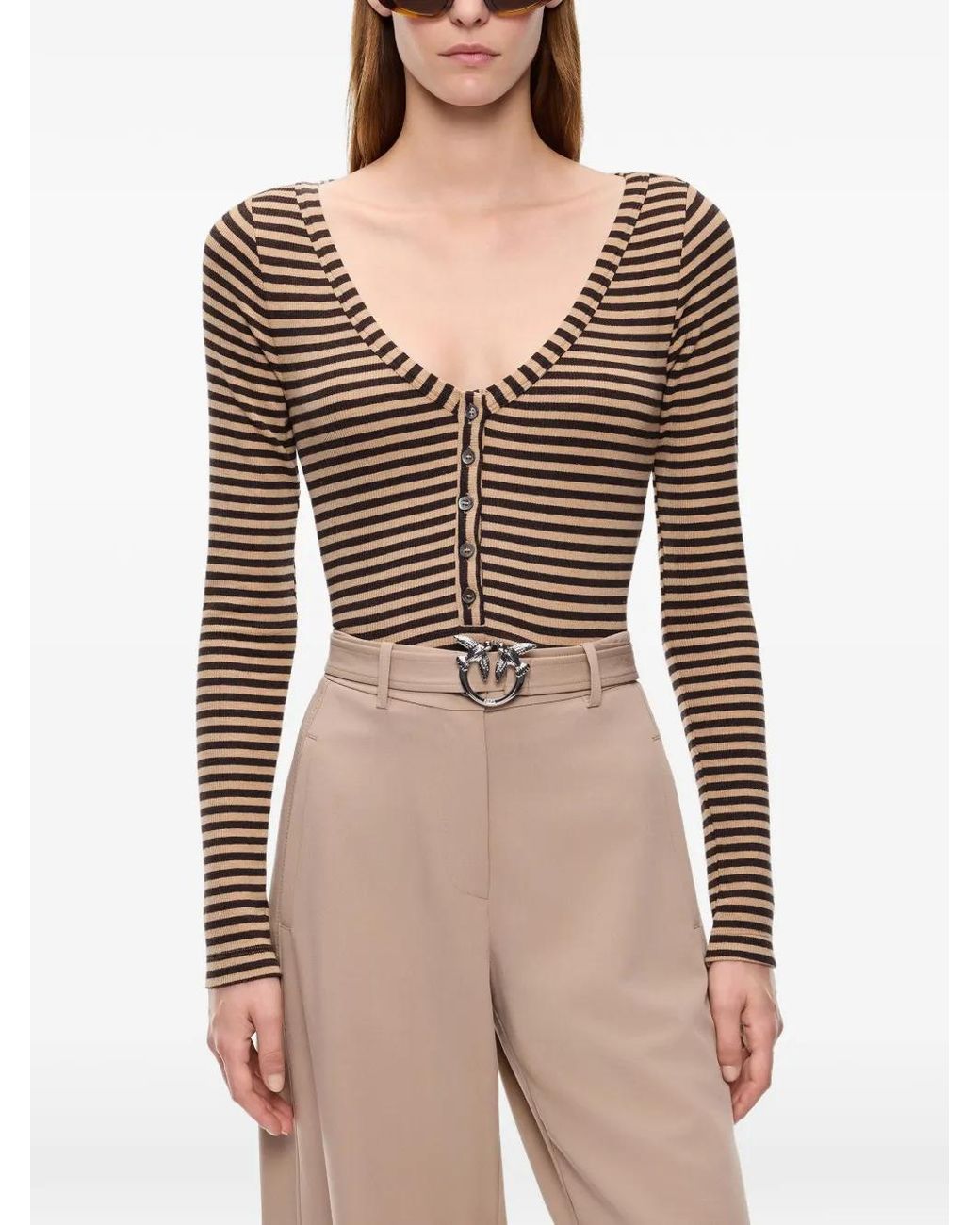 Pinko Brown Striped Wool-Blend Henley Sweater