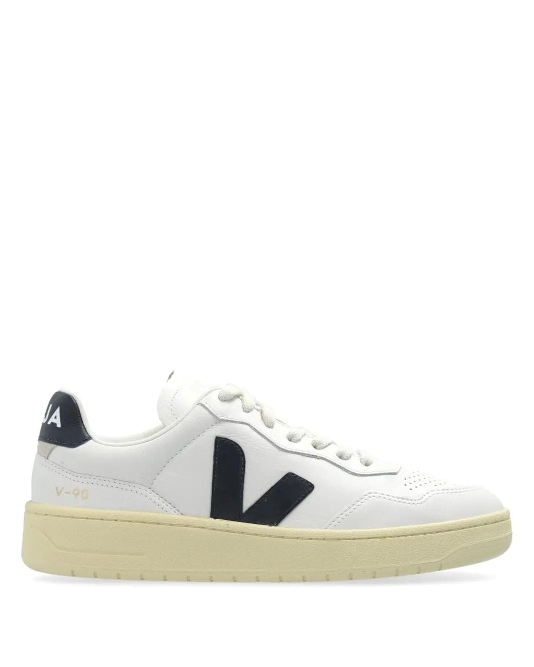 Veja White V-90 O. T. Logo Accents Leather Sneakers