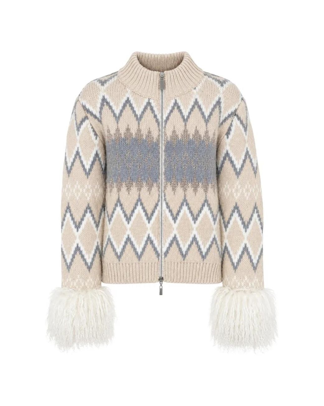 PHO® Firenze White Jacquard-Knit Faux-Fur Cardigan