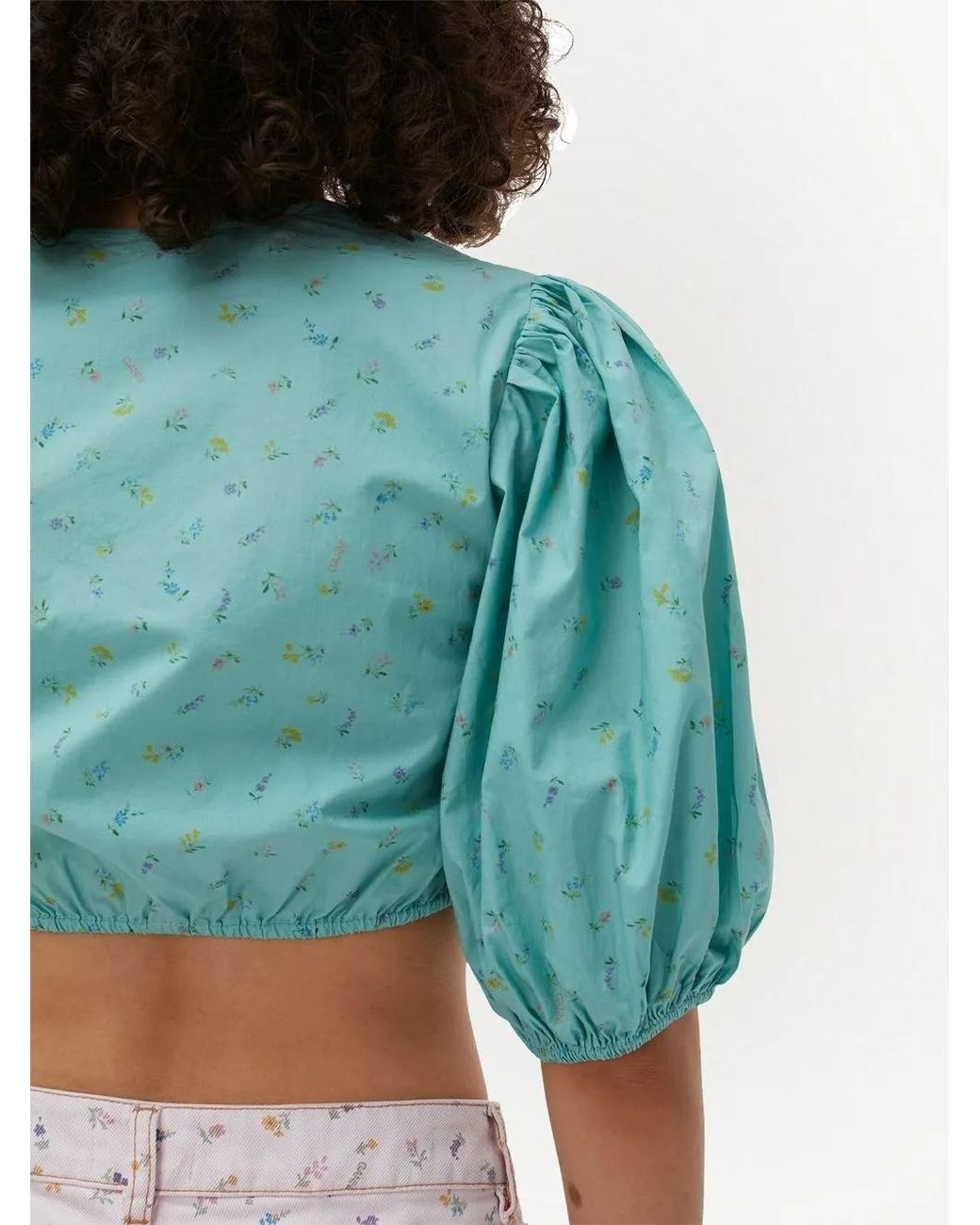 Ganni Blue Blouse Crop À Manches Bouffantes