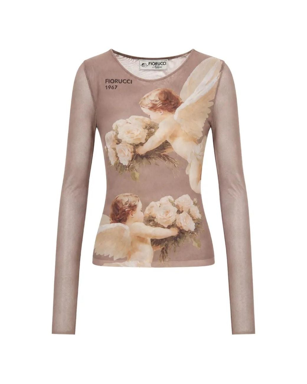 Fiorucci Natural Bouquet Angels Print Mesh Top