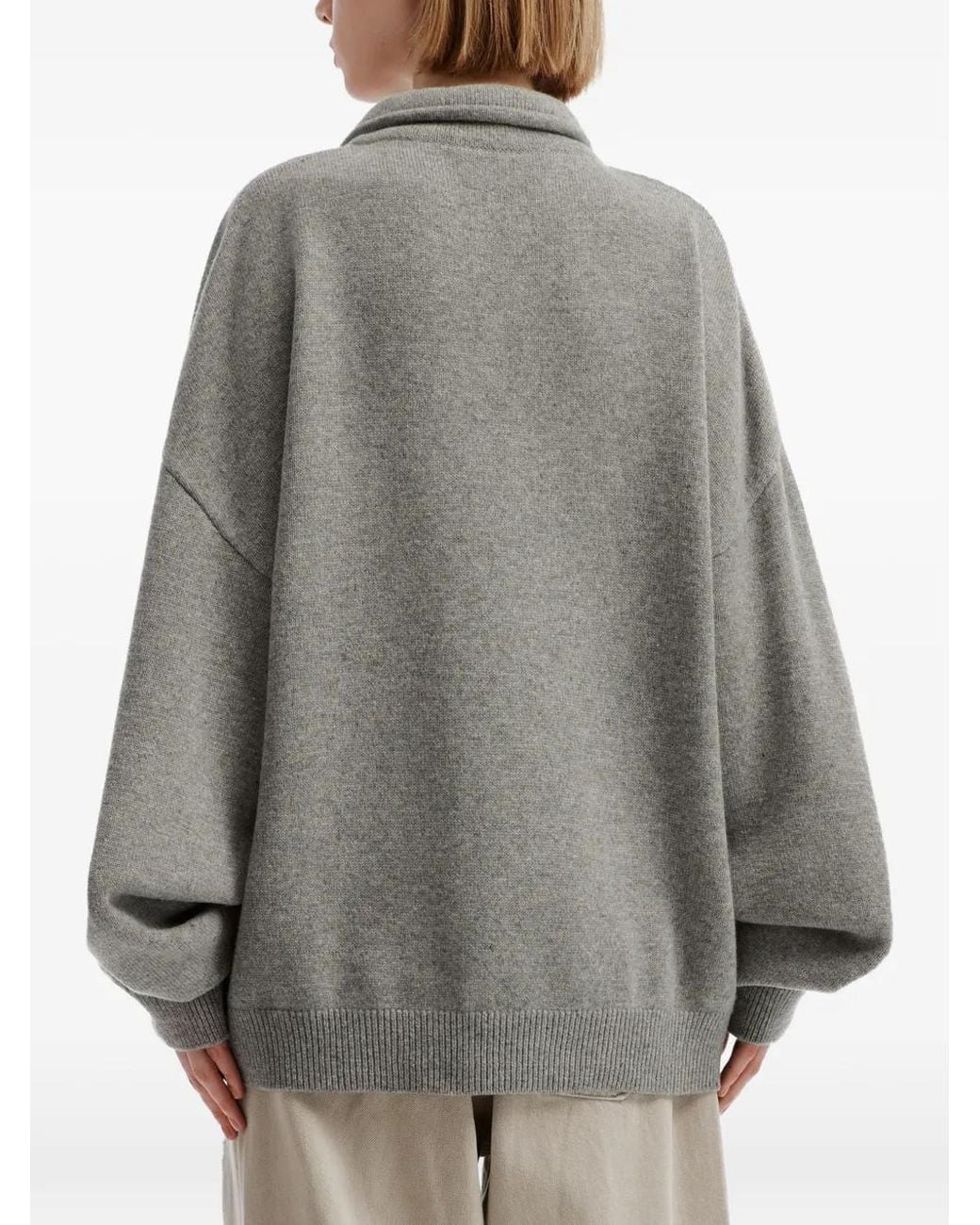 we11done Gray Logo-Intarsia Half-Zip Sweater