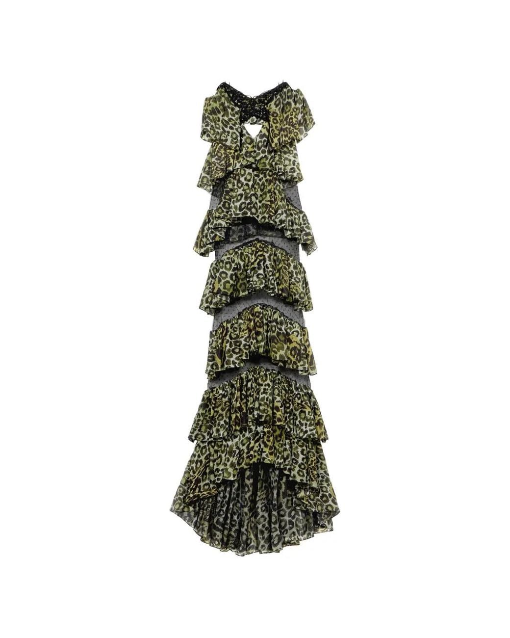 Blumarine Green Ruffled Animal-Print Maxi Dress