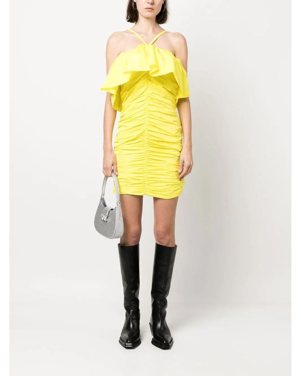 MSGM Yellow Ruched Ruffle-Trim Mini Dress