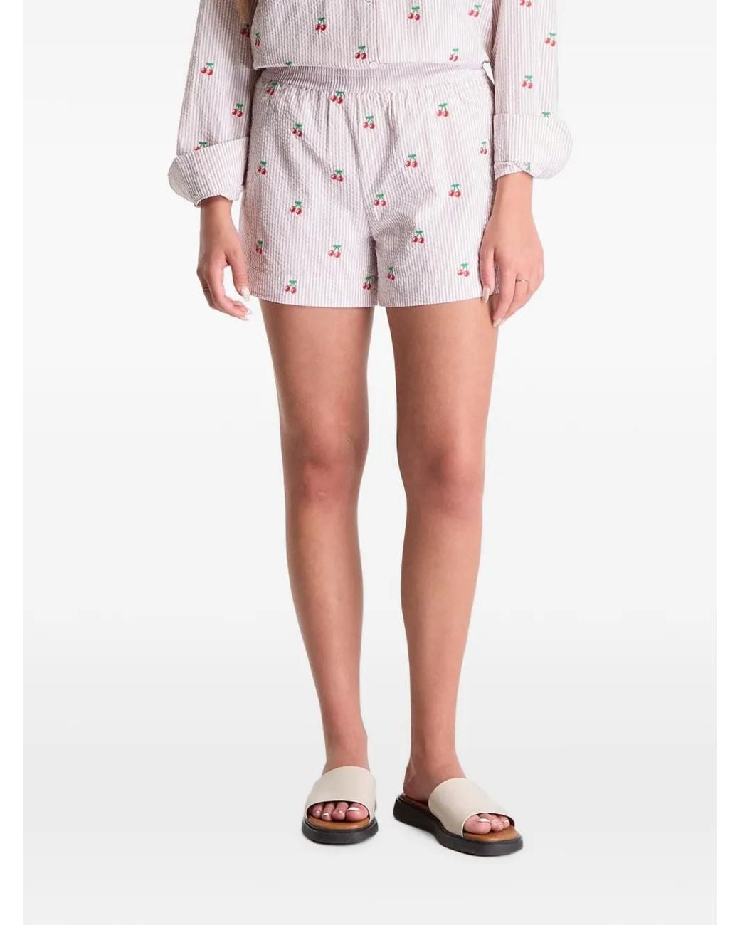 Mc2 Saint Barth White Meave Cherry-Embroidered Seersucker Shorts