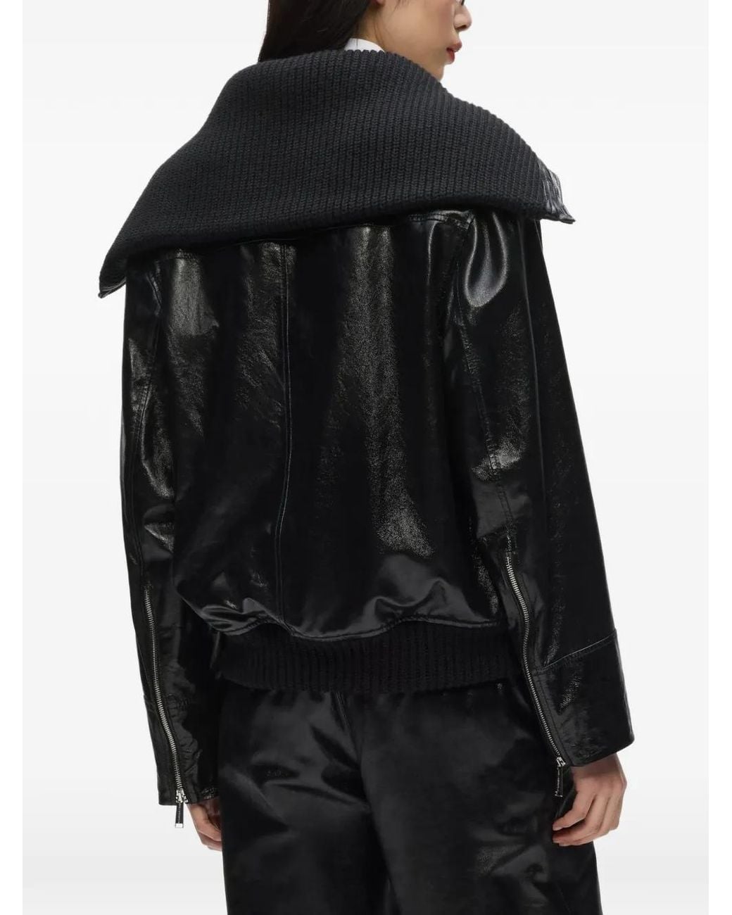 Karl Lagerfeld Black Knitted Collar Leather Jacket