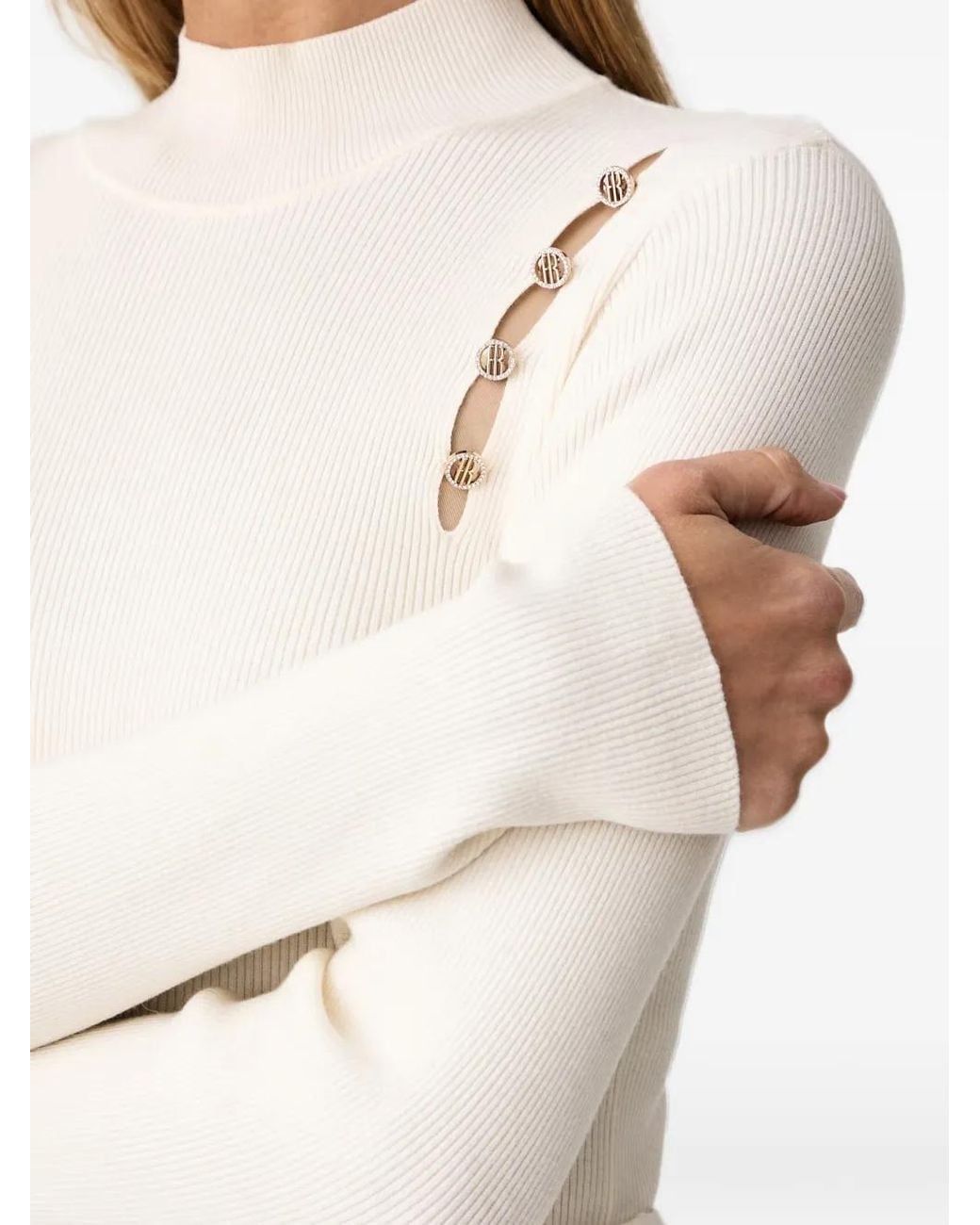 Fracomina White Cut-Out Ribbed-Knit Sweater