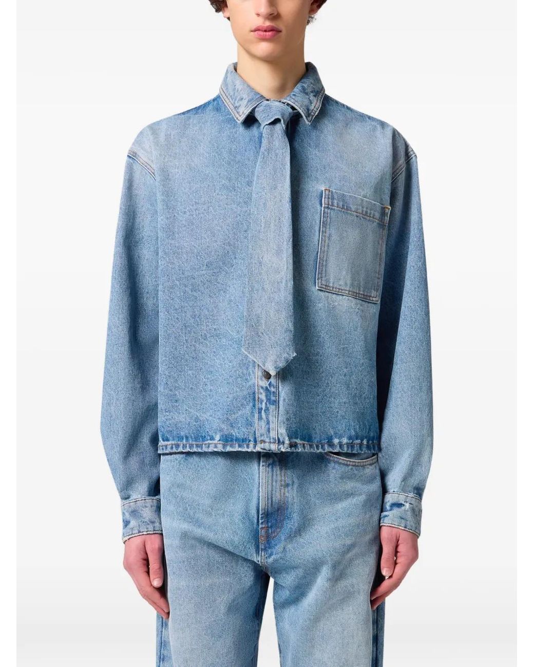 MSGM Blue Neck-Tie Denim Shirt for men