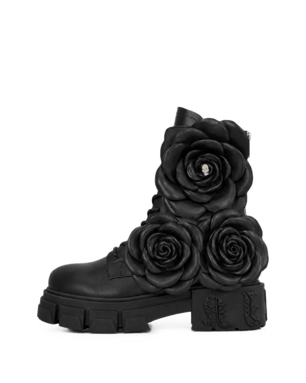 Philipp Plein Black Lace-Up Boots Gothic Plein Flowers