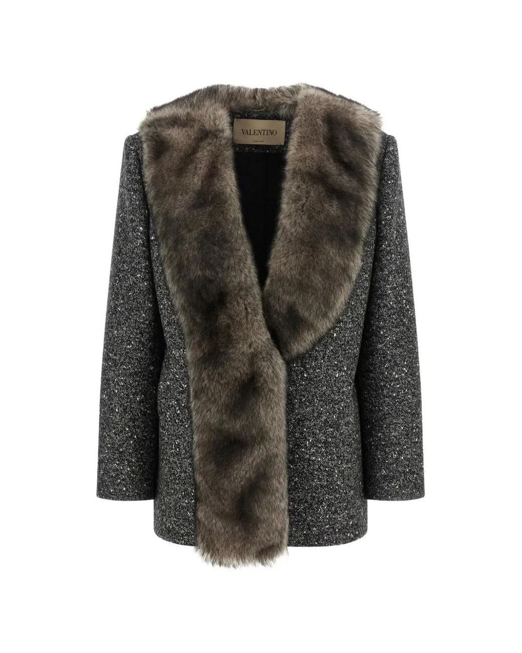 Valentino Garavani Gray Single-Breasted Chevron Bouclé Caban With Shearling