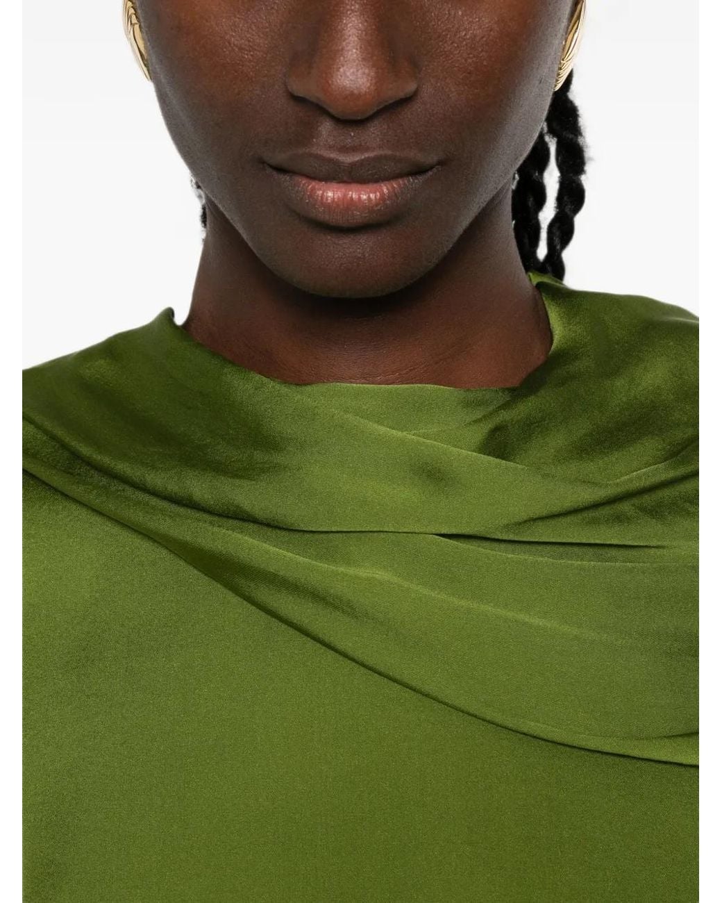 Tom Ford Green Stonewashed Silk Georgette Long Sleeve Draped Collar Blouse