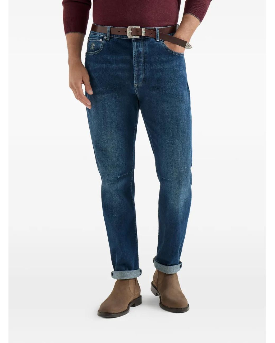 Brunello Cucinelli Blue Belt-Loop Faded Jeans for men
