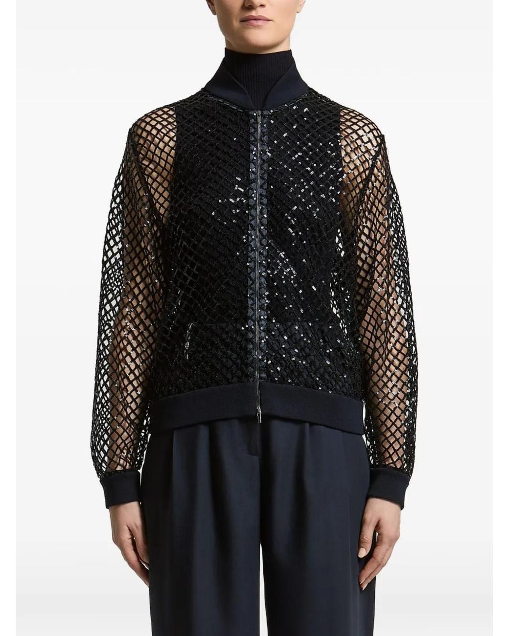 Peserico Black Sequin-Embellished Fishnet Bomber Jacket