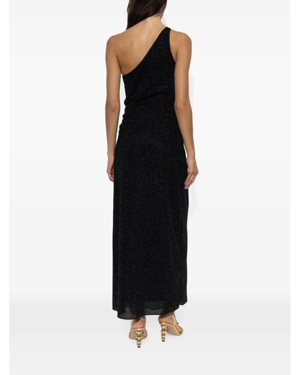 Oseree Black One-Shoulder Metallic-Effect Midi Dress