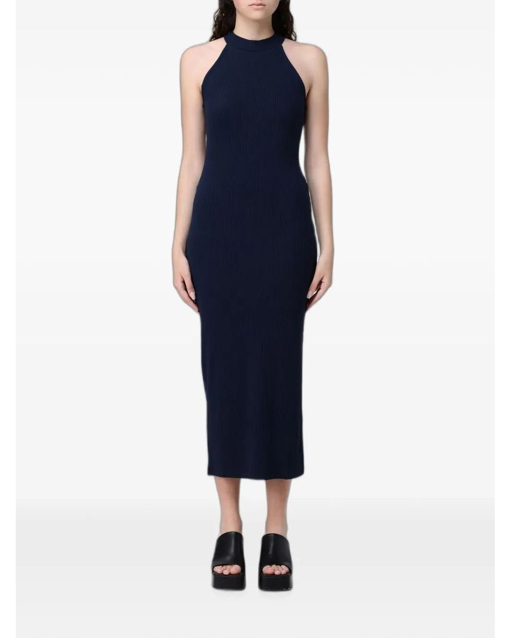 EA7 Blue Ribbed-Knit Halterneck Midi Dress