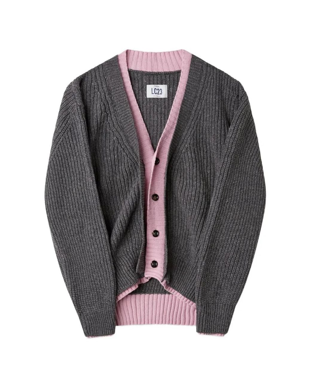 LC23 Gray Cardigan En Maille Côtelé À Effet Superposé for men