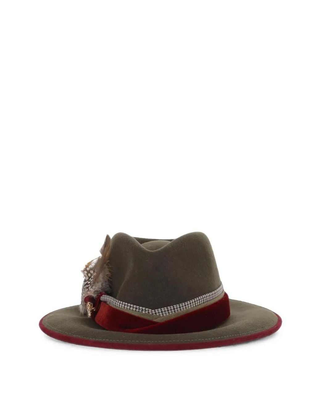 ALEXIA ALVAREZ DE TOLEDO Brown Feather-Embellished Houndstooth-Trim Hat