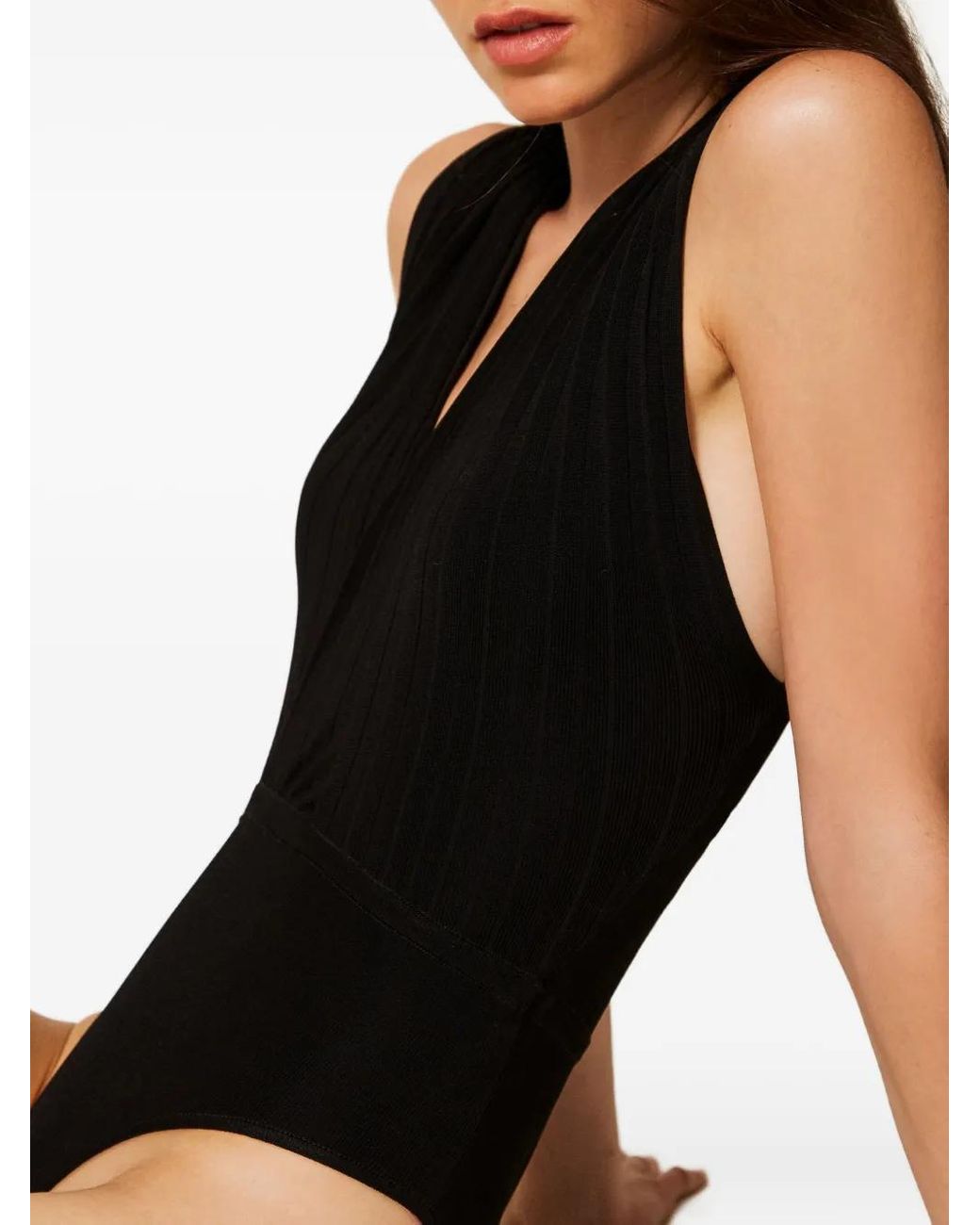 Twinset Black V-Neck Ribbed Bodysuit