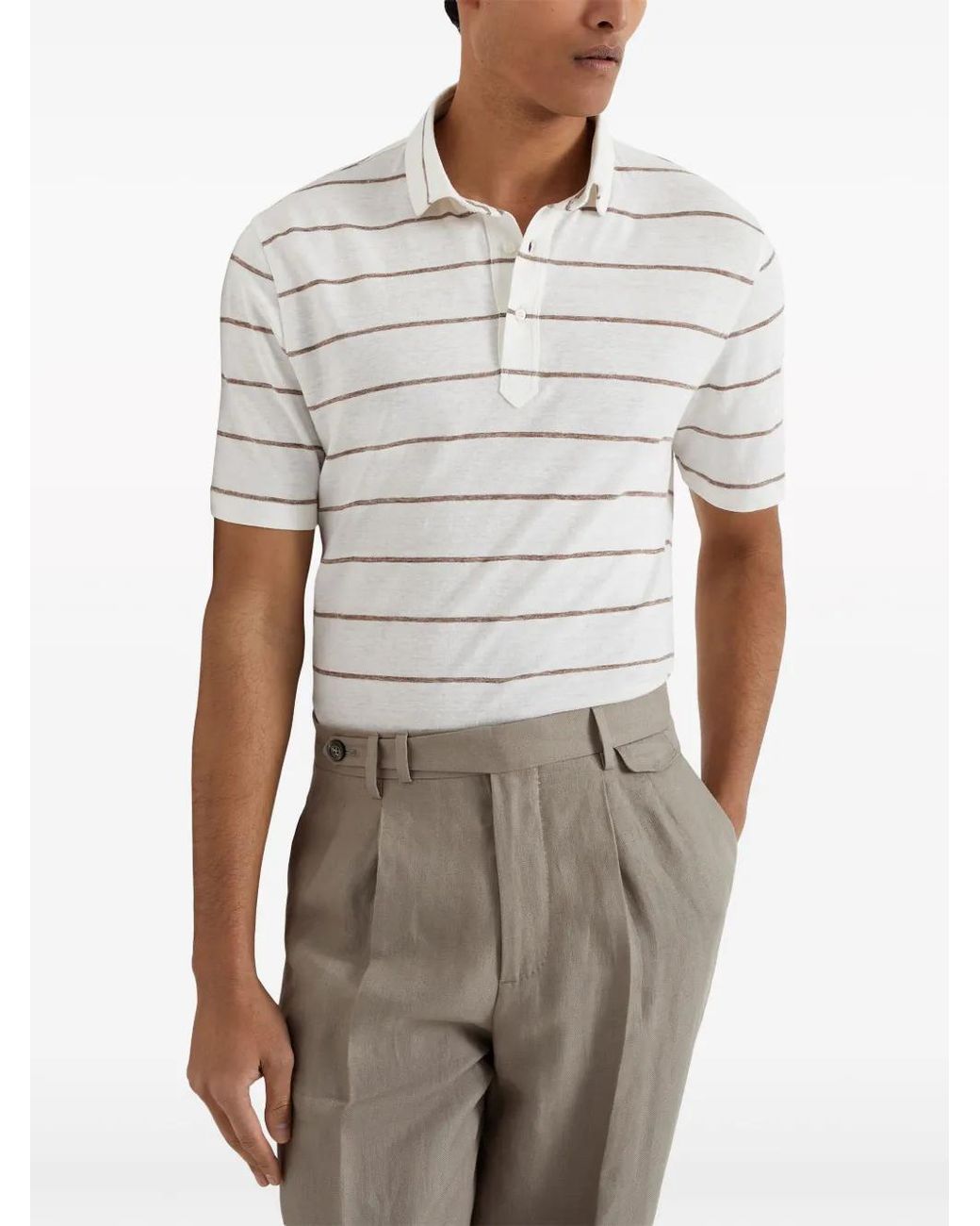 Brunello Cucinelli White Striped Linen-Cotton Polo Shirt for men