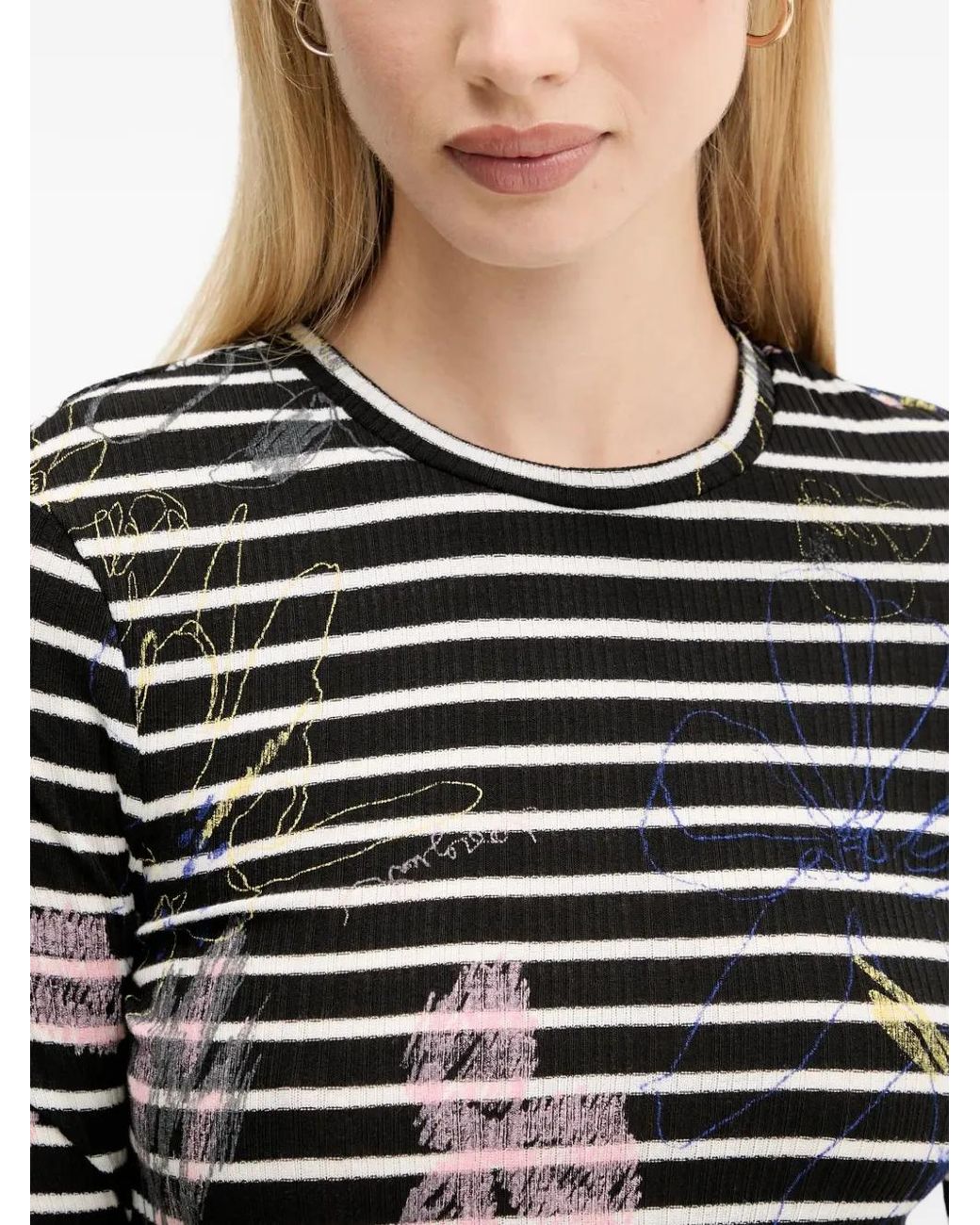 Desigual Black Striped Floral Print Midi Dress