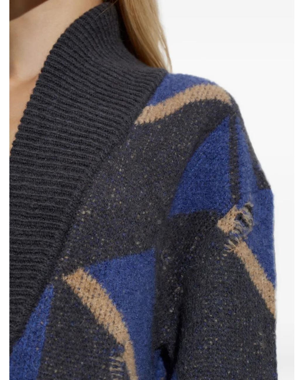 Akep Blue Geometric-Pattern Distressed Cardigan