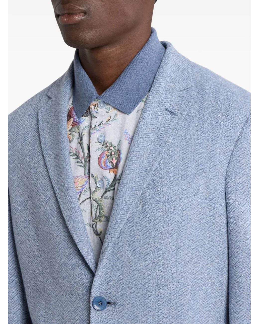 Etro Blue Single-Breasted Cotton And Linen Jersey Jacket With Chevron Motif for men