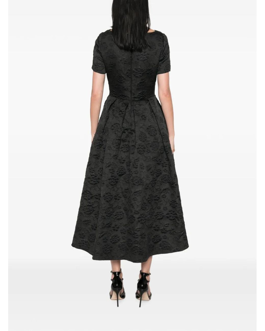 Elie Saab Black Floral-Jacquard Pleated Midi Dress