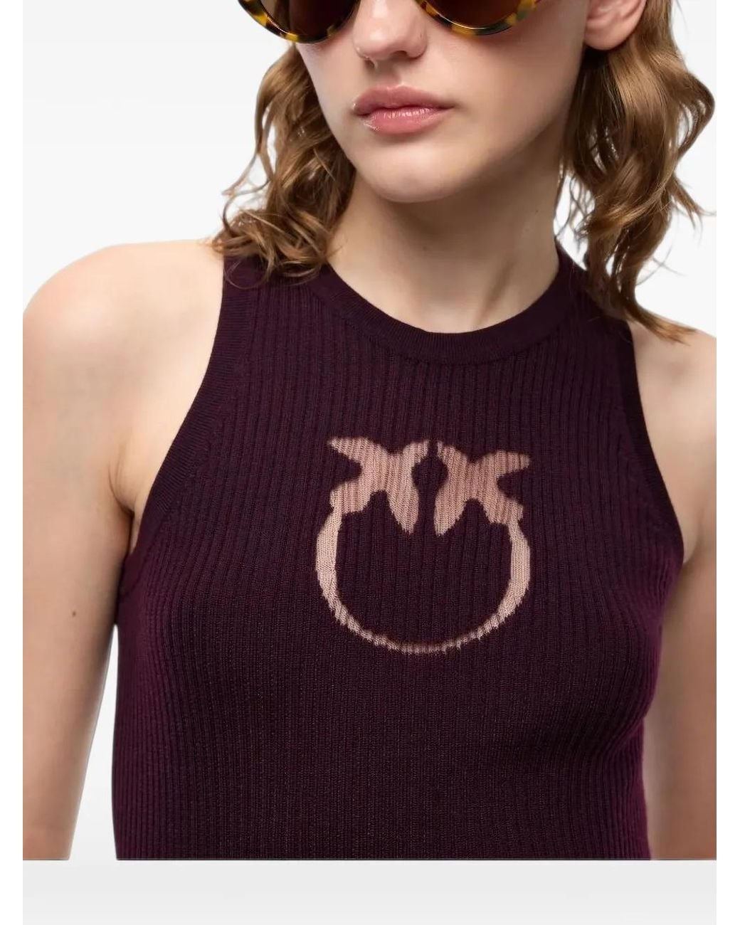 Pinko Purple Ribbed Top With Sheer Love Birds Logo