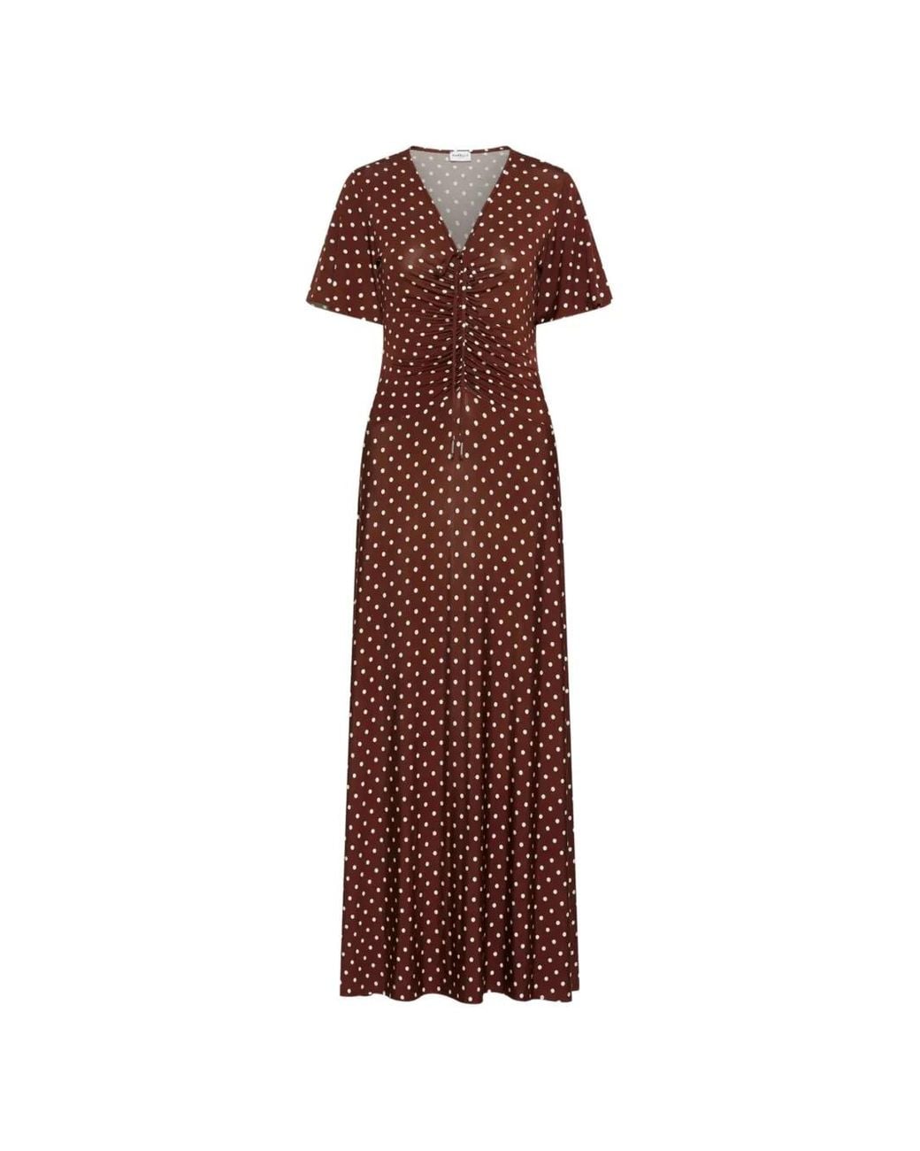 Marella Brown Dotted V-Neck Midi Dress