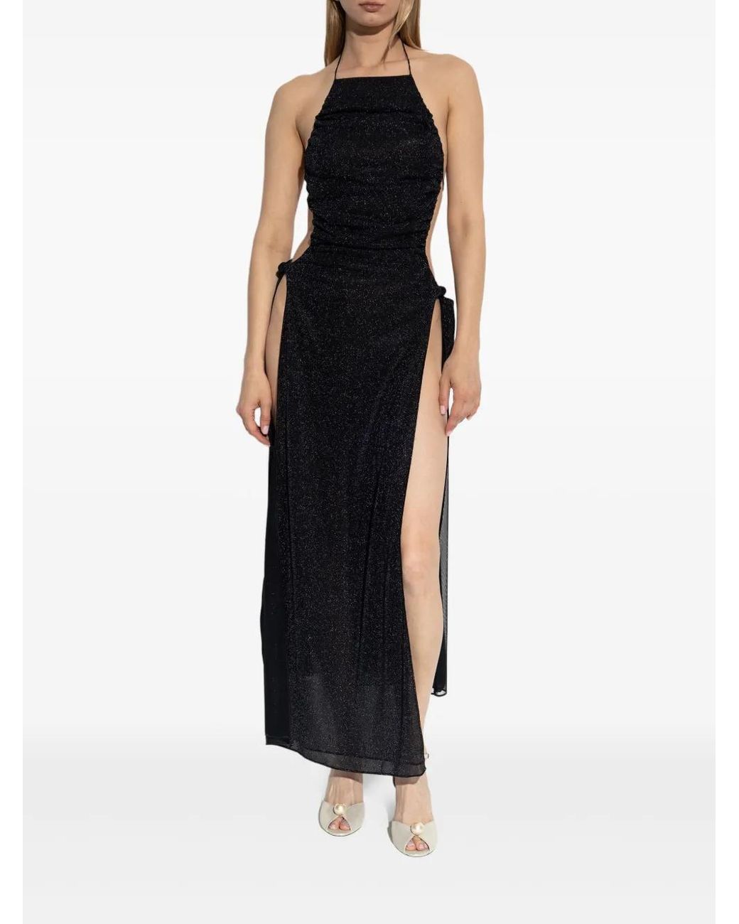 Oseree Black Ruched Halterneck Maxi Dress